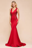 Gorgeous Red Mermaid V-Neck Prom Dress Long With Lace Appliques Online