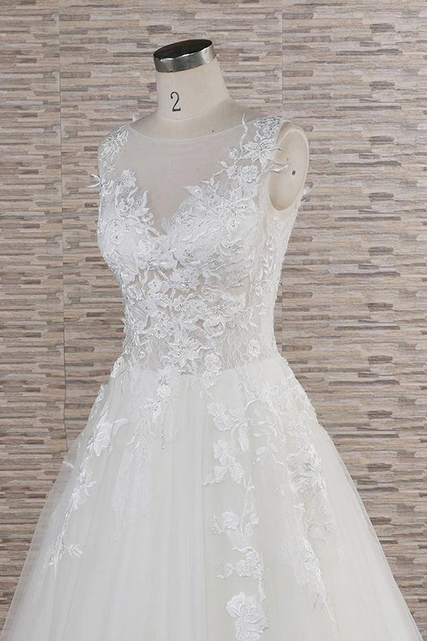 Gorgeous Sleeveless Jewel Tulle Wedding Dresses A-line Ruufles Lace Bridal Gowns With Appliques