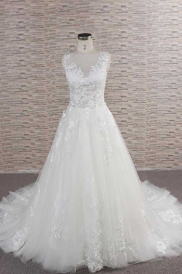 Gorgeous Sleeveless Jewel Tulle Wedding Dresses A-line Ruufles Lace Bridal Gowns With Appliques