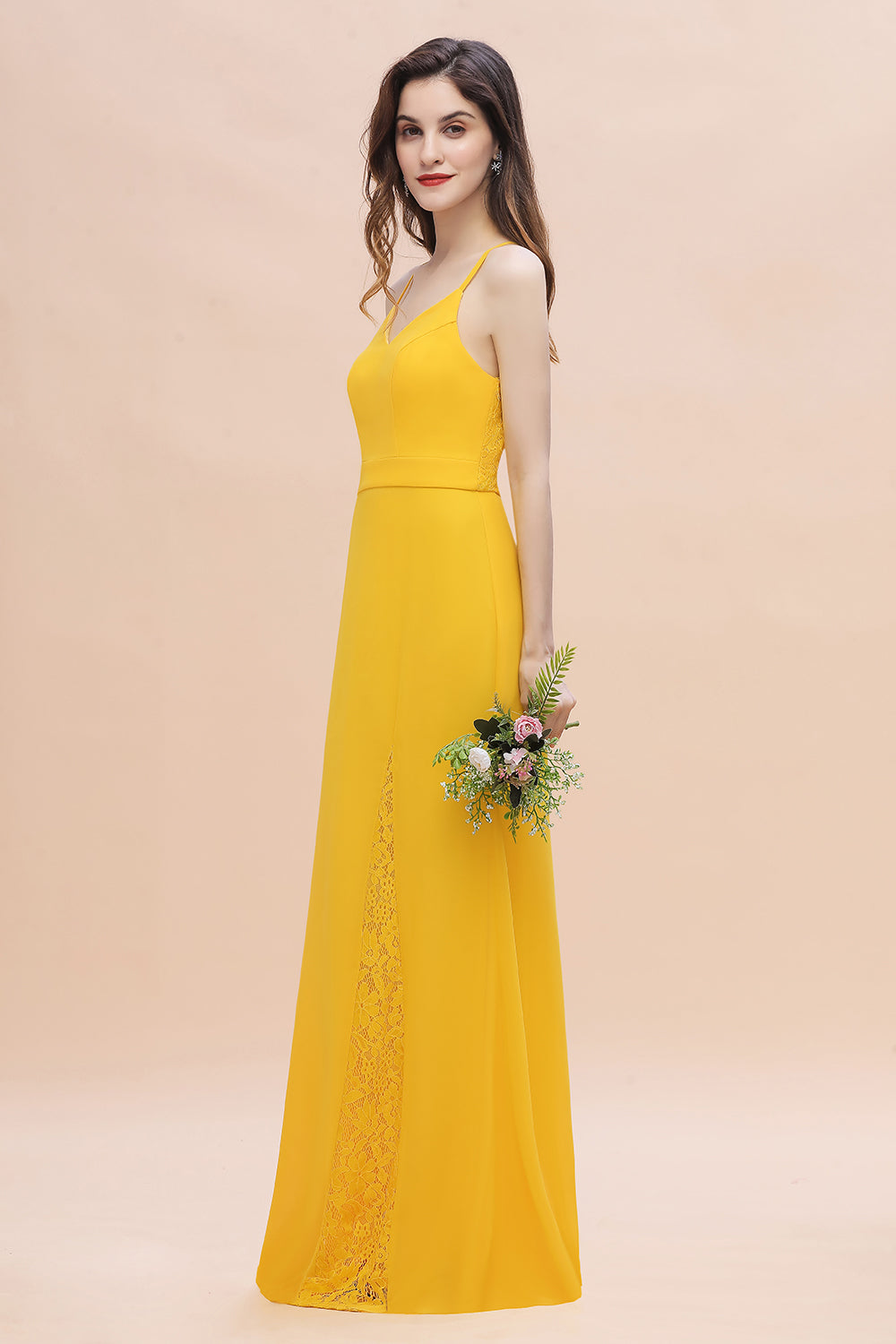 Gorgeous Spaghett Straps V-Neck Chiffon Lace Bridesmaid Dress Online