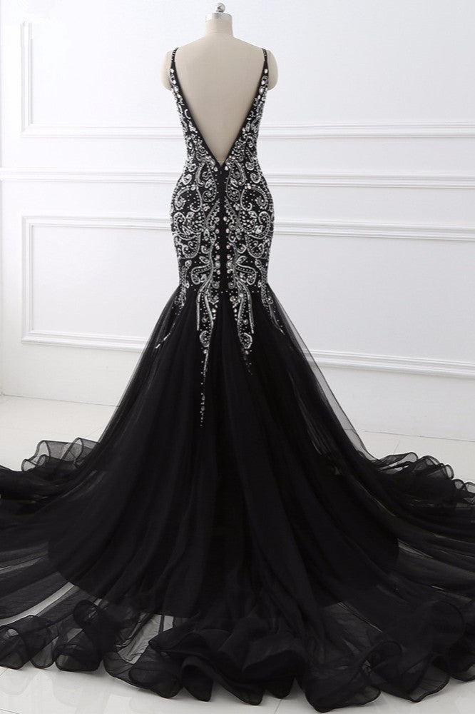 Gorgeous Spaghetti Straps Black Mermaid Prom Dresses with Rhinestones Online