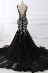 Gorgeous Spaghetti Straps Black Mermaid Prom Dresses with Rhinestones Online