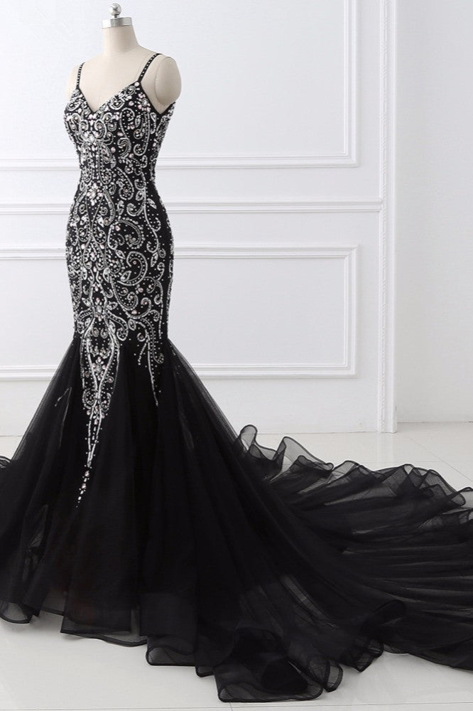 Gorgeous Spaghetti Straps Black Mermaid Prom Dresses with Rhinestones Online