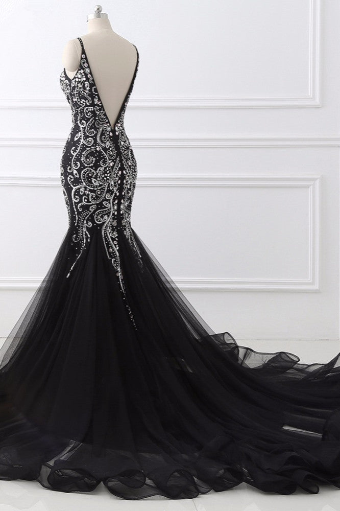 Gorgeous Spaghetti Straps Black Mermaid Prom Dresses with Rhinestones Online