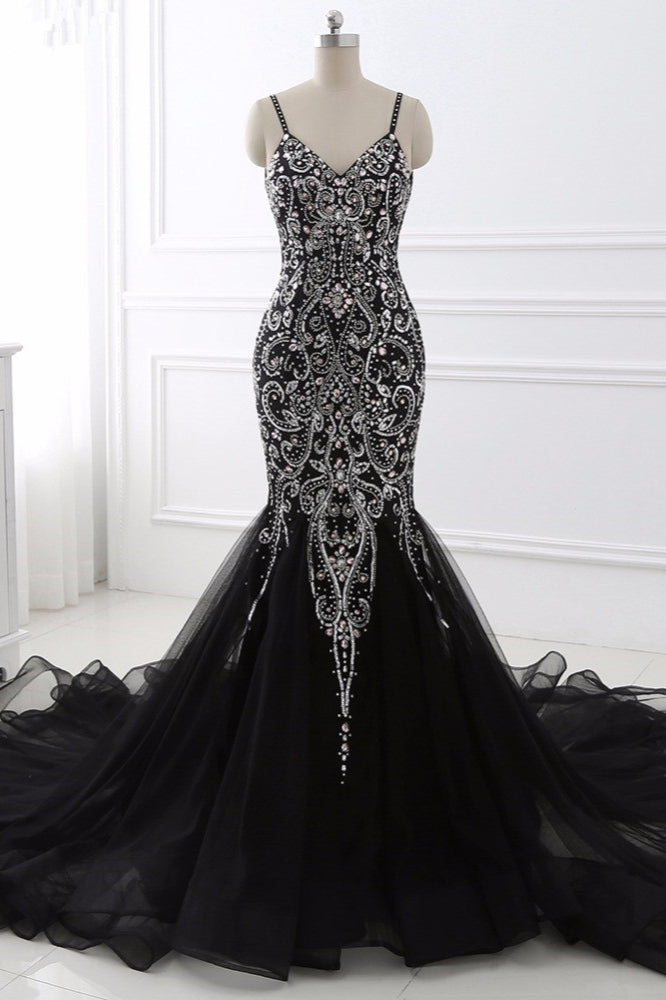 Gorgeous Spaghetti Straps Black Mermaid Prom Dresses with Rhinestones Online