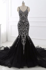 Gorgeous Spaghetti Straps Black Mermaid Prom Dresses with Rhinestones Online