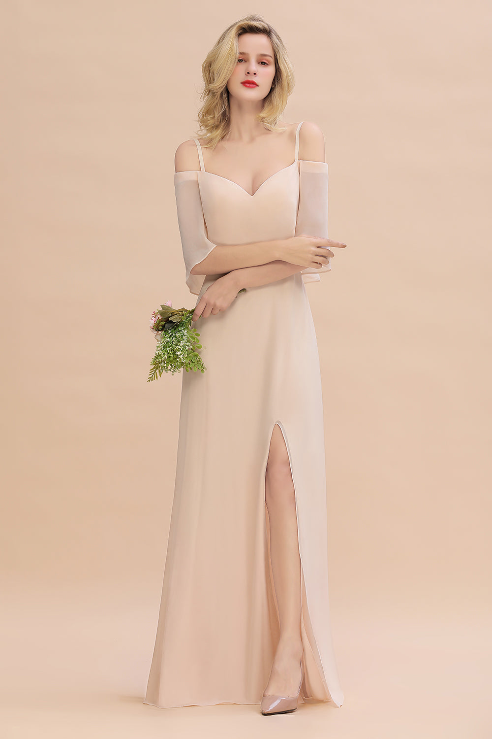 Gorgeous Spaghetti Straps Flounced Crinkle Affordable Bridesmaid Dresses with Slit