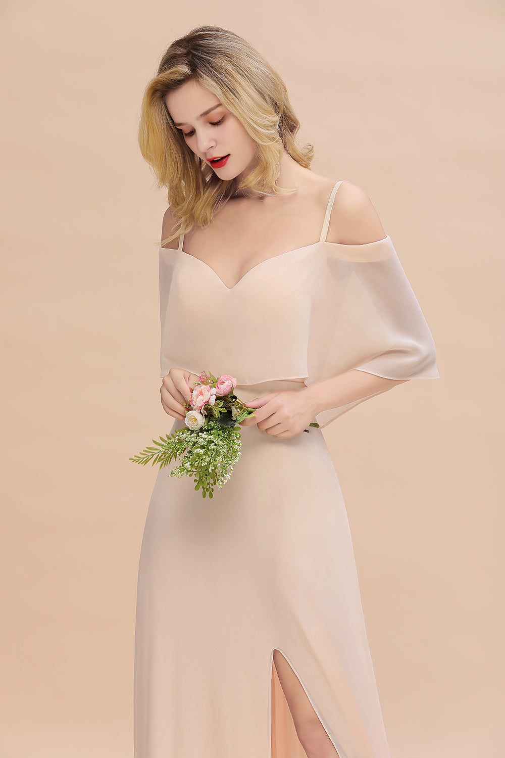 Gorgeous Spaghetti Straps Flounced Crinkle Affordable Bridesmaid Dresses with Slit