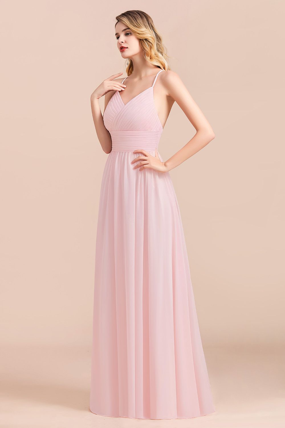 Gorgeous Spaghetti Straps Ruffle Pink Chiffon Bridesmaid Dress Affordable