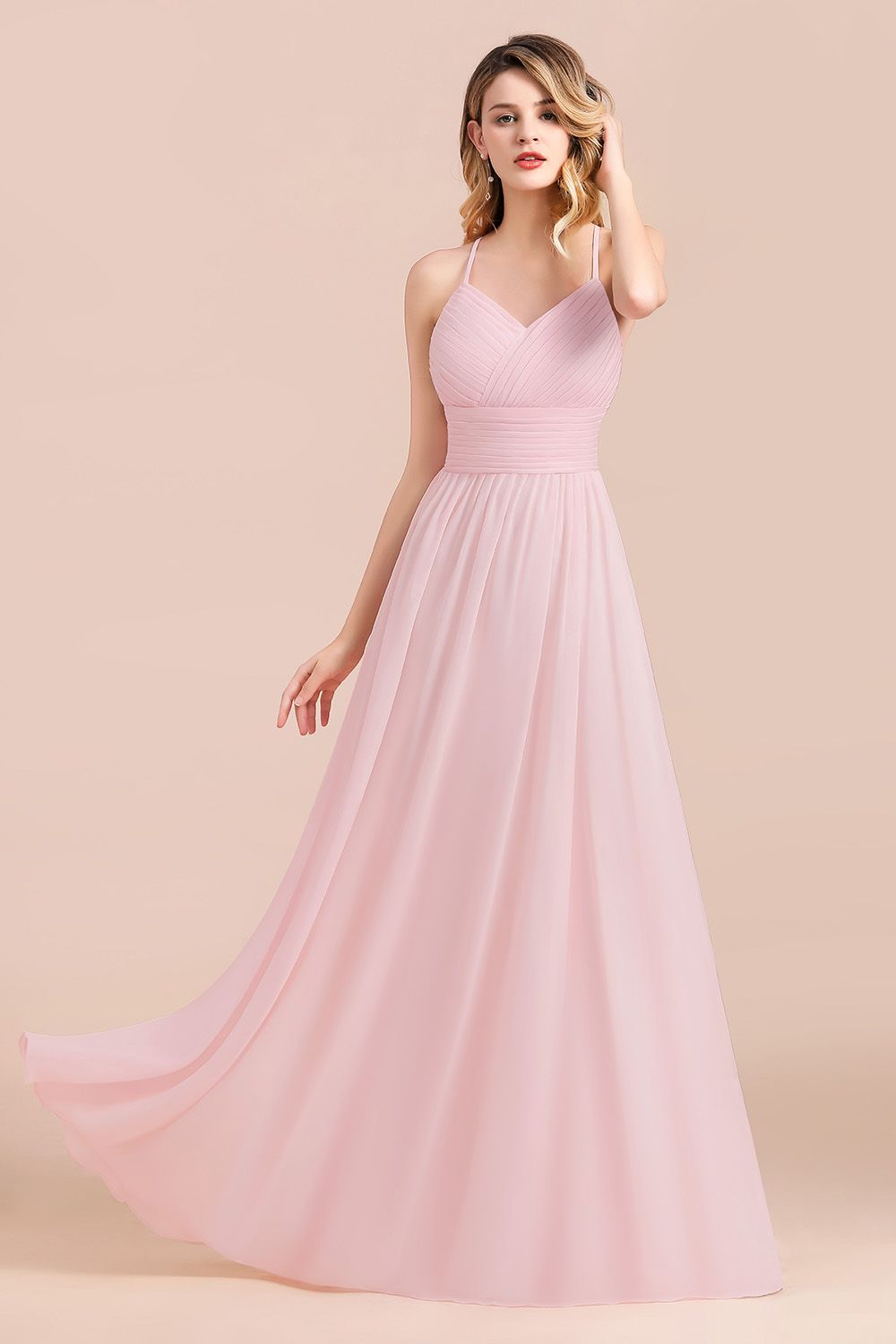 Gorgeous Spaghetti Straps Ruffle Pink Chiffon Bridesmaid Dress Affordable