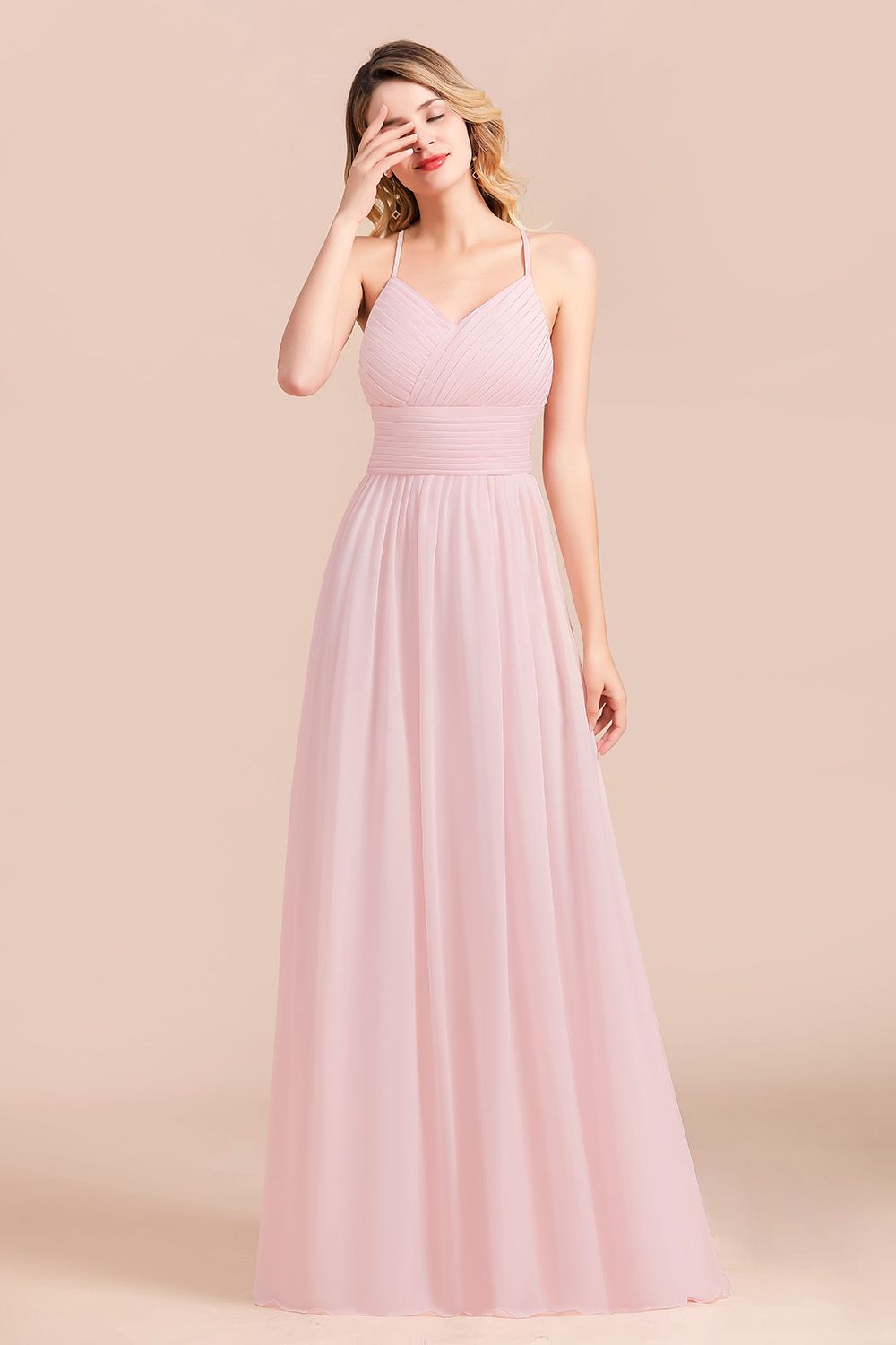 Gorgeous Spaghetti Straps Ruffle Pink Chiffon Bridesmaid Dress Affordable