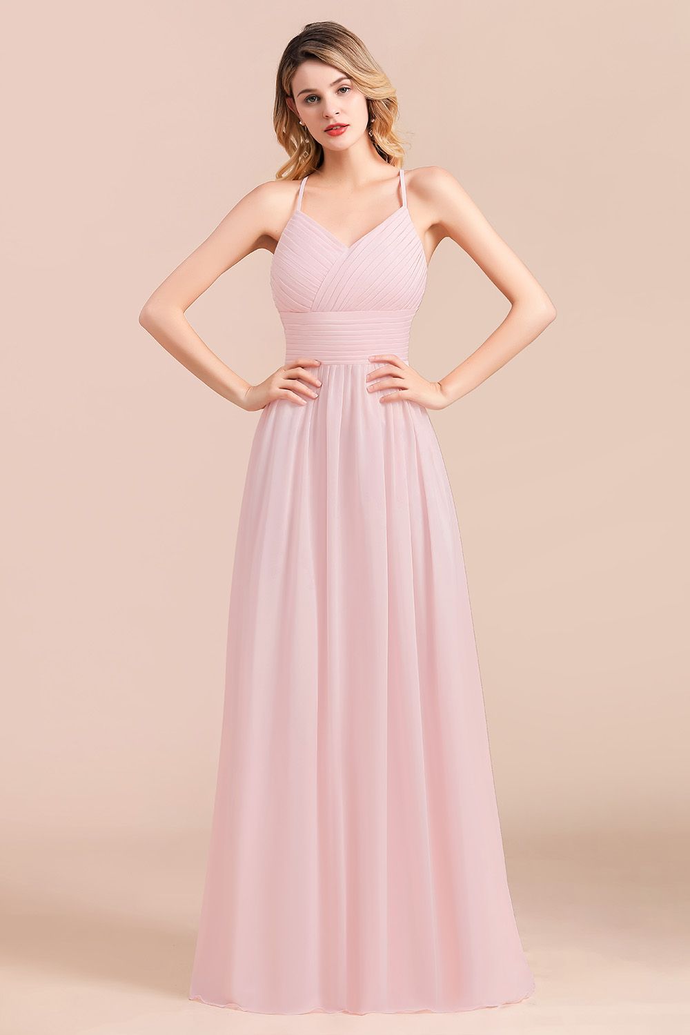 Gorgeous Spaghetti Straps Ruffle Pink Chiffon Bridesmaid Dress Affordable