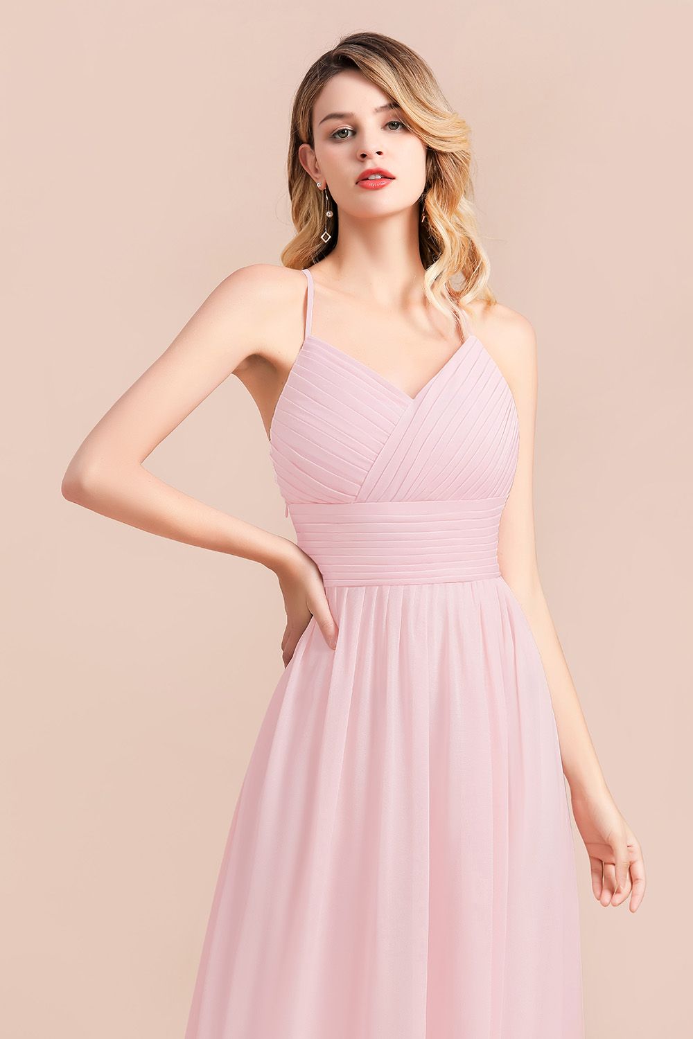 Gorgeous Spaghetti Straps Ruffle Pink Chiffon Bridesmaid Dress Affordable