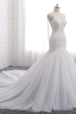 Gorgeous Spaghetti Straps V-Neck Mermaid Wedding Dress White Lace Appliques Sleeveless Bridal Gowns Online
