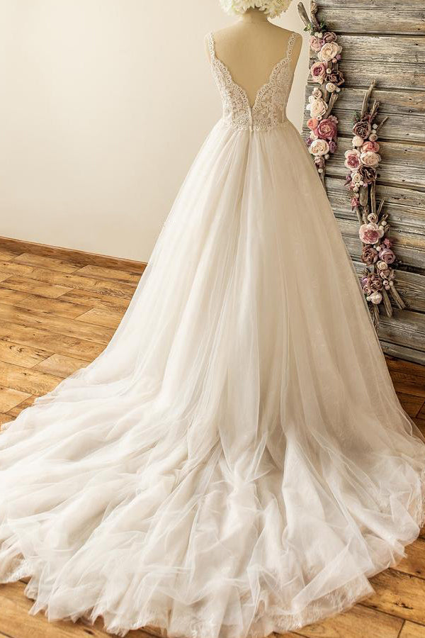 Gorgeous Straps Sleeveless Tulle Wedding Dresses A-line Appliques Lace Bridal Gowns On Sale