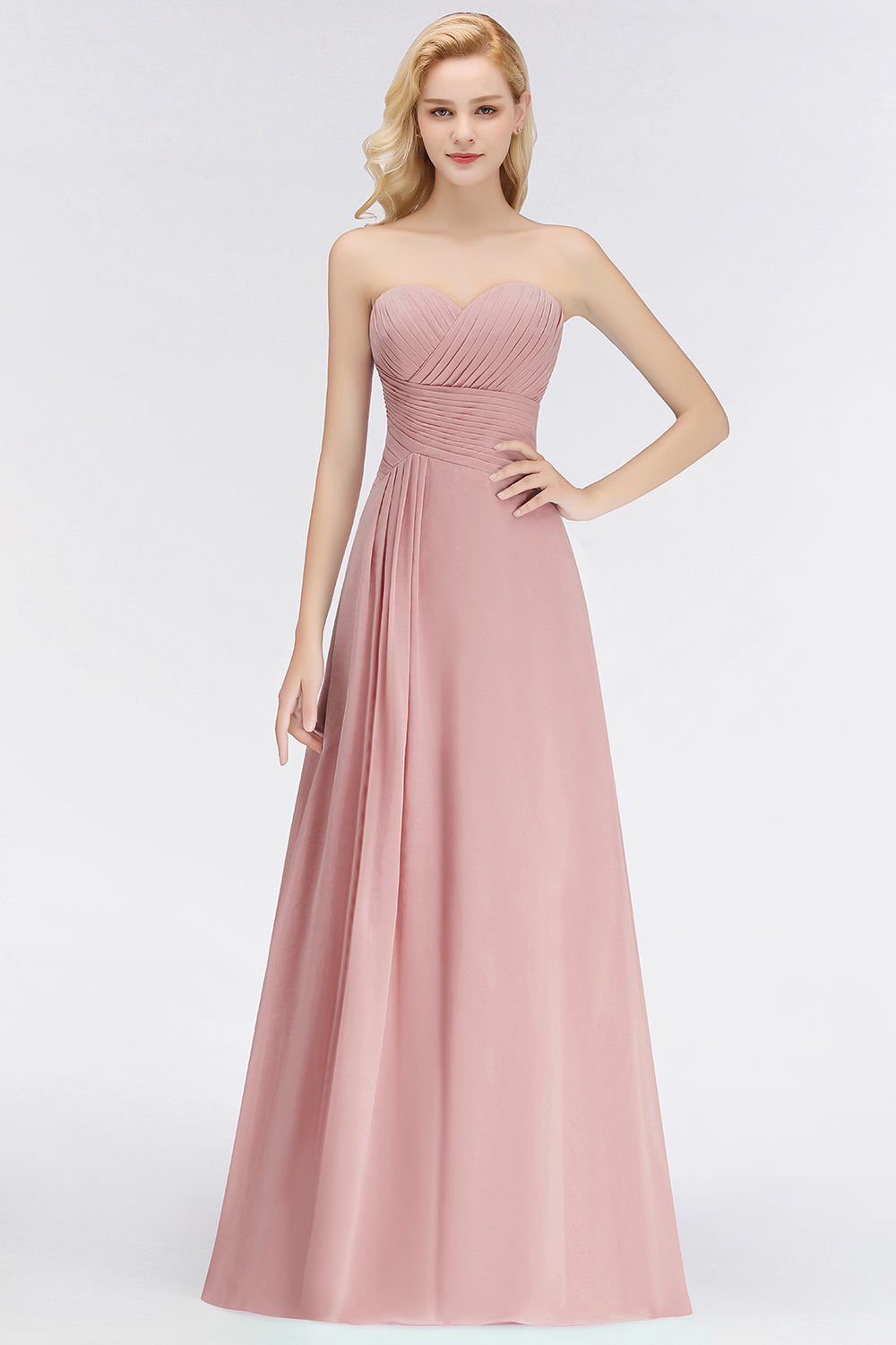 Gorgeous Sweetheart Ruched Long Bridesmaid Dress Dusty Rose Chiffon Strapless Maid of Honor Dress