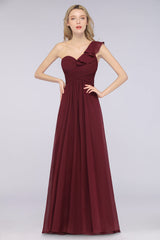 Gorgeous Sweetheart Ruffle Burgundy Chiffon Bridesmaid Dress With One-shoulder