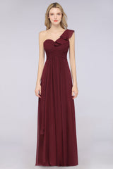 Gorgeous Sweetheart Ruffle Burgundy Chiffon Bridesmaid Dress With One-shoulder