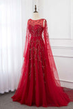 Gorgeous Tulle Jewel Ruffle Burgundy Prom Dresses with Beadings Online