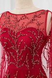 Gorgeous Tulle Jewel Ruffle Burgundy Prom Dresses with Beadings Online