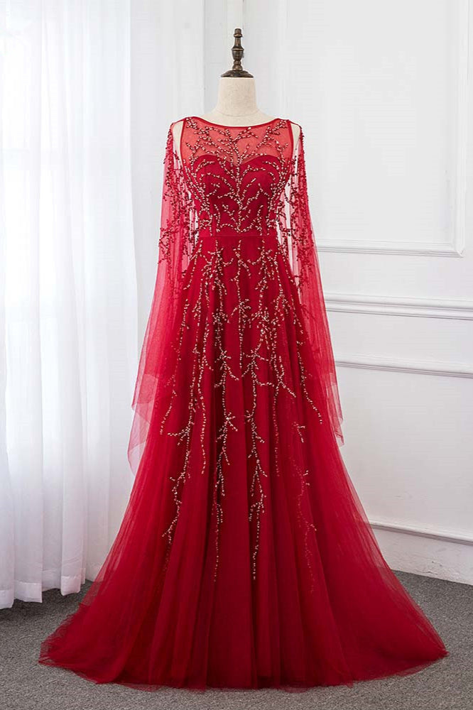 Gorgeous Tulle Jewel Ruffle Burgundy Prom Dresses with Beadings Online