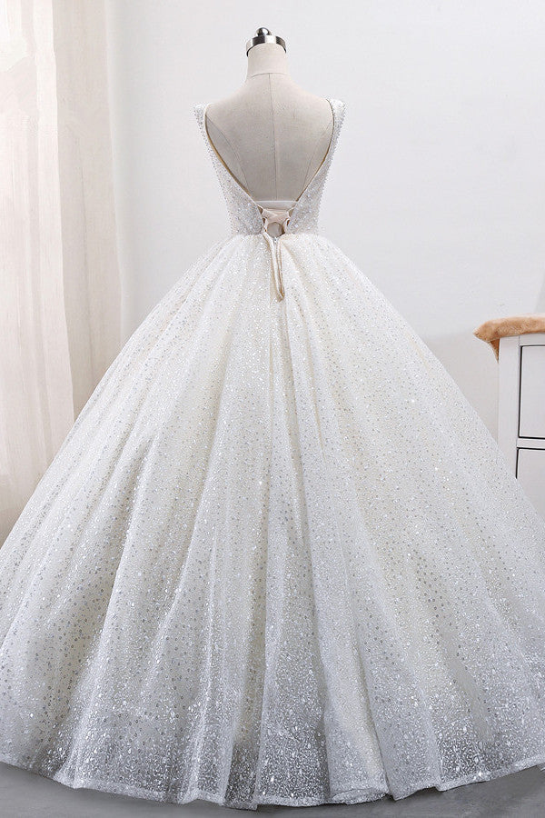 Gorgeous Tulle V-Neck Ball Gown Wedding Dress Sparkly Sequined Sleeveless Bridal Gowns On Sale