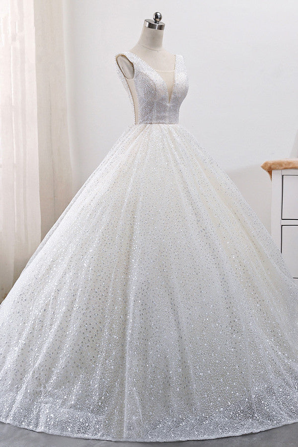 Gorgeous Tulle V-Neck Ball Gown Wedding Dress Sparkly Sequined Sleeveless Bridal Gowns On Sale