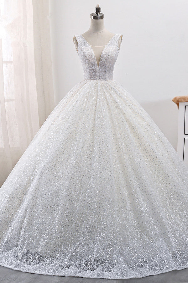 Gorgeous Tulle V-Neck Ball Gown Wedding Dress Sparkly Sequined Sleeveless Bridal Gowns On Sale