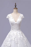 Gorgeous V-neck A-line Tulle Wedding Dresses Appliques White Shortsleeves Bridal Gowns On Sale