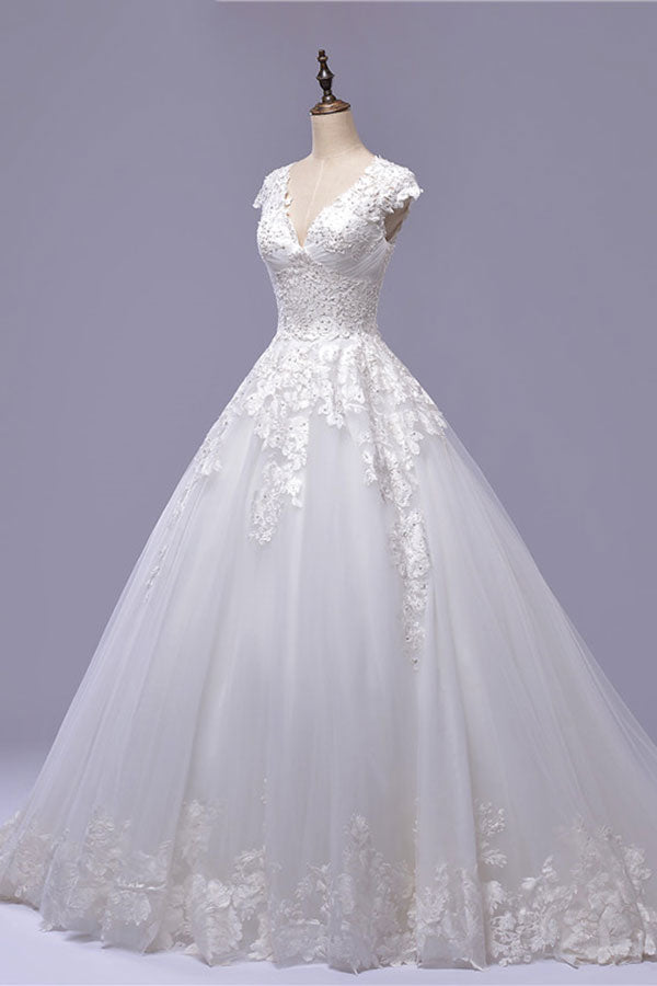 Gorgeous V-neck A-line Tulle Wedding Dresses Appliques White Shortsleeves Bridal Gowns On Sale