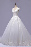 Gorgeous V-neck A-line Tulle Wedding Dresses Appliques White Shortsleeves Bridal Gowns On Sale