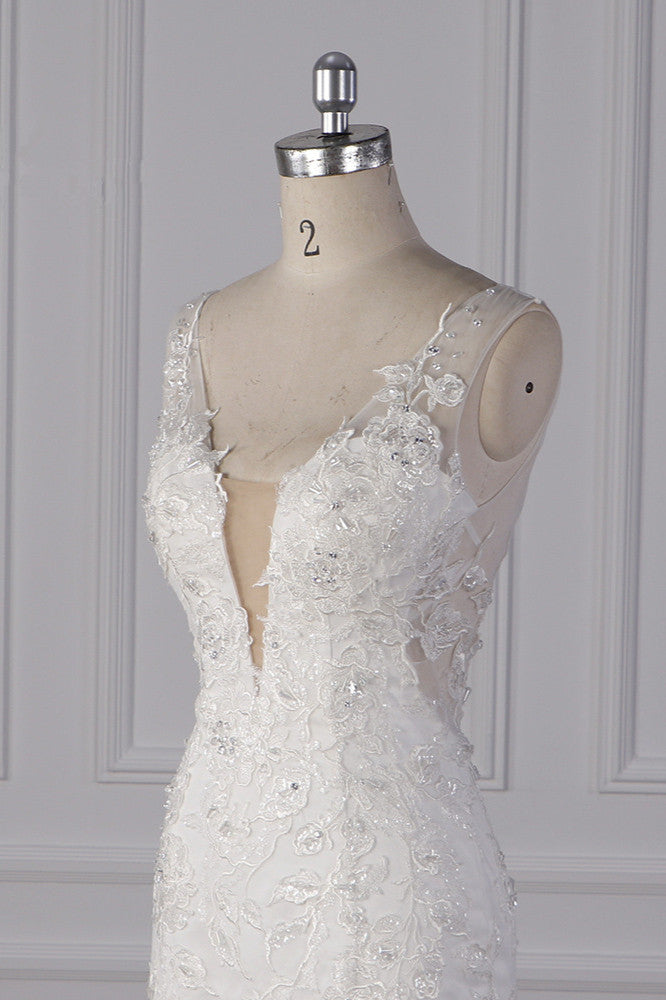 Gorgeous V-Neck Mermaid Lace Appliques Wedding Dress Sequined Sleeveless Bridal Gowns Online