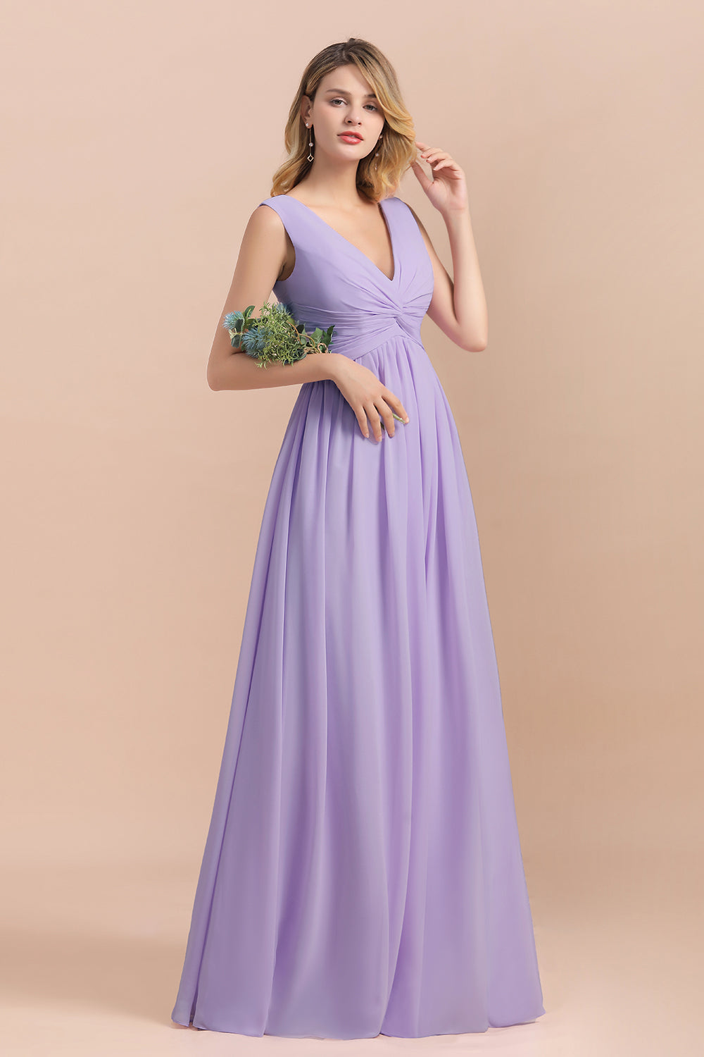 Gorgeous V-Neck Ruffle Lilac Chiffon Affordable Bridesmaid Dress with Ruffle