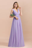 Gorgeous V-Neck Ruffle Lilac Chiffon Affordable Bridesmaid Dress with Ruffle