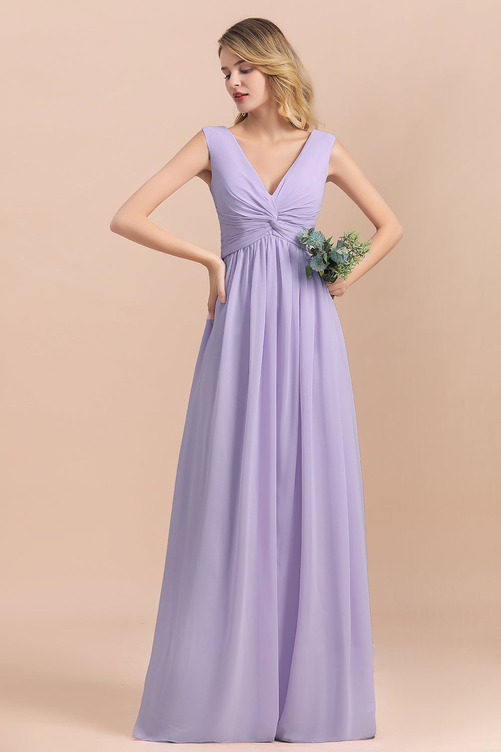 Gorgeous V-Neck Ruffle Lilac Chiffon Affordable Bridesmaid Dress with Ruffle