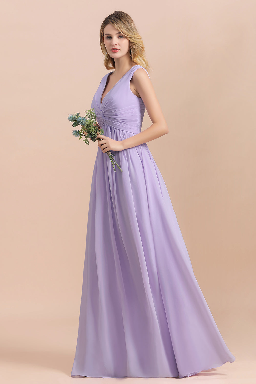 Gorgeous V-Neck Ruffle Lilac Chiffon Affordable Bridesmaid Dress with Ruffle