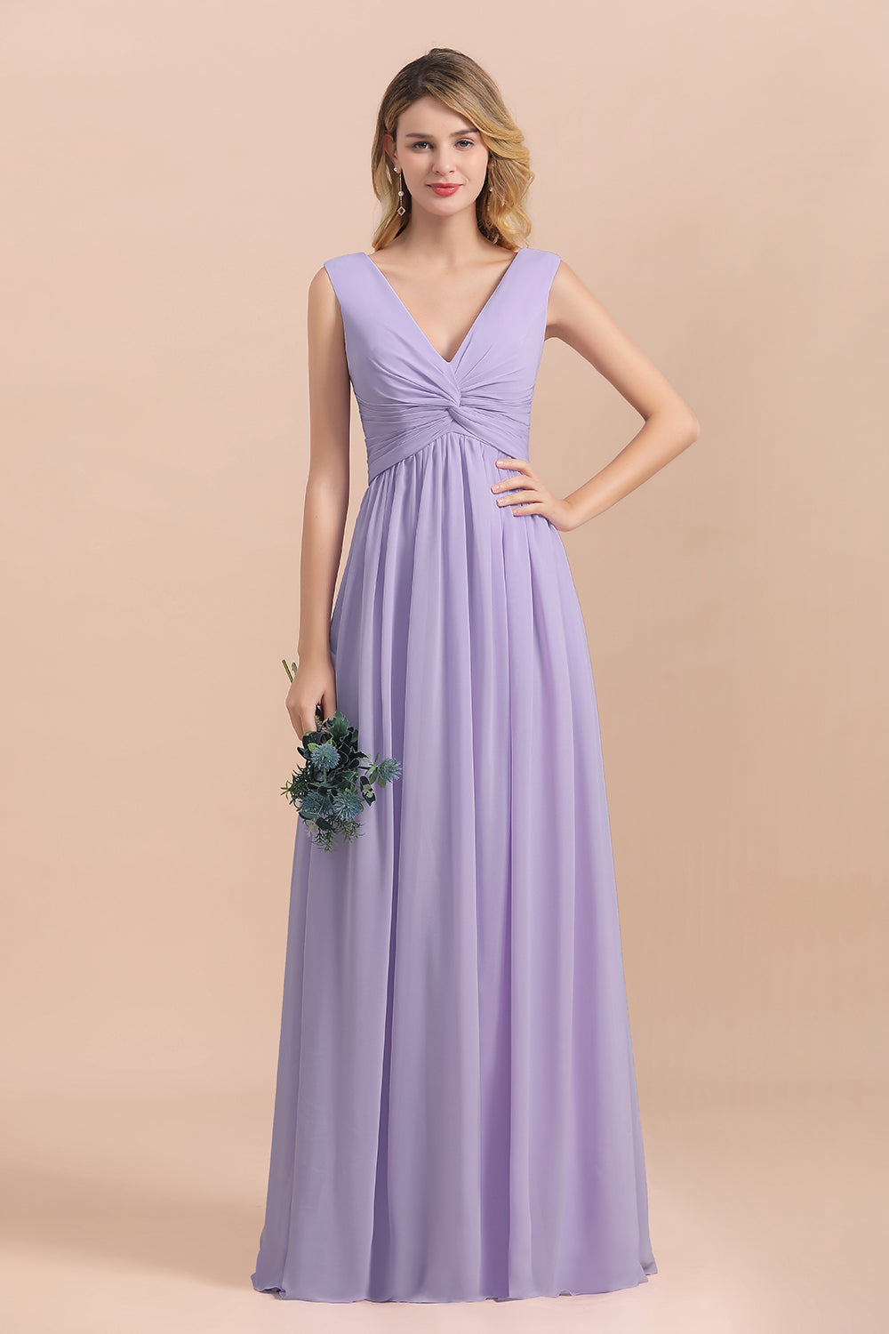 Gorgeous V-Neck Ruffle Lilac Chiffon Affordable Bridesmaid Dress with Ruffle
