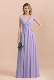 Gorgeous V-Neck Ruffle Lilac Chiffon Affordable Bridesmaid Dress with Ruffle