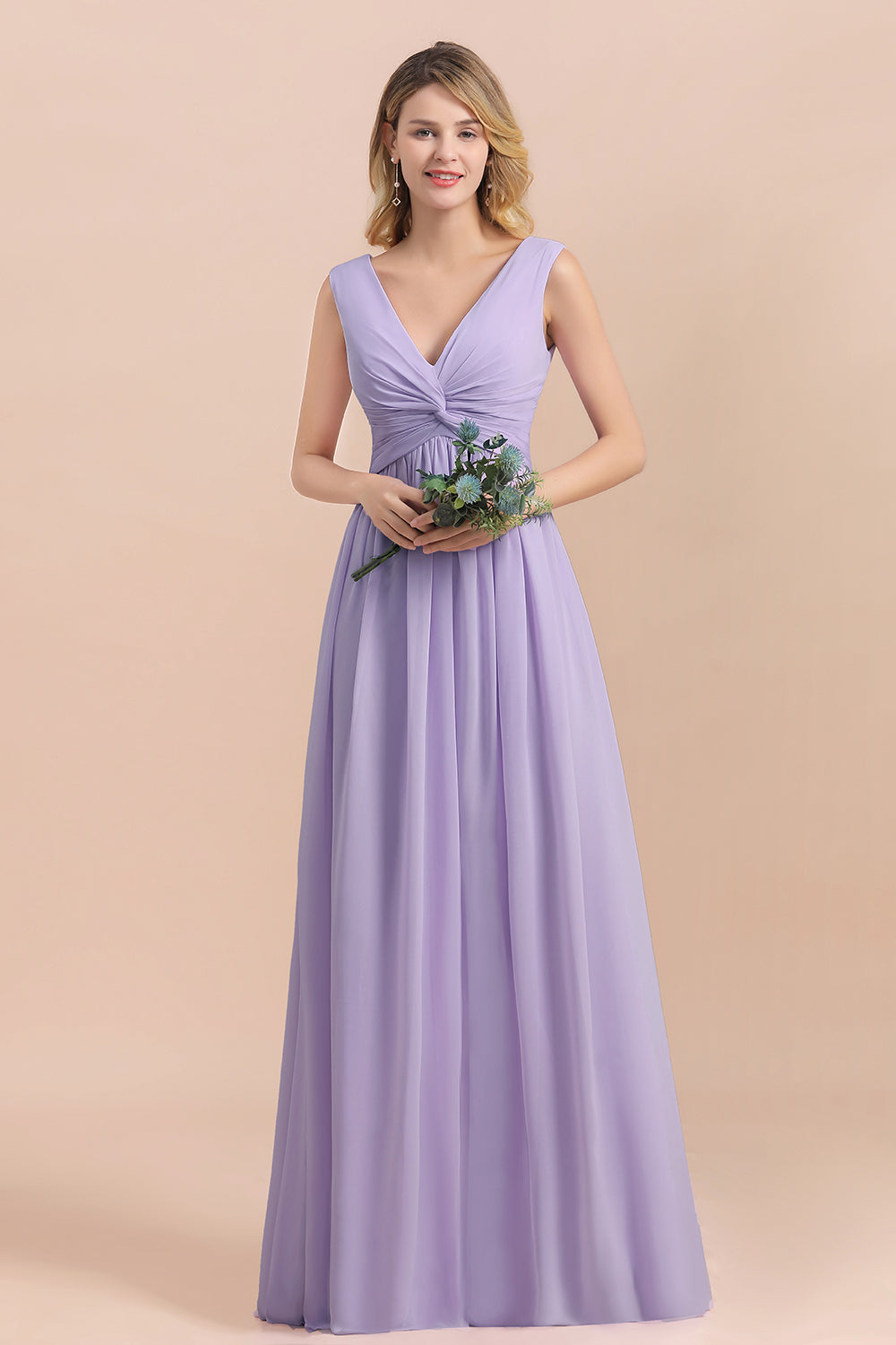 Gorgeous V-Neck Ruffle Lilac Chiffon Affordable Bridesmaid Dress with Ruffle