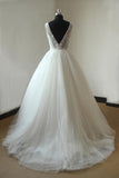 Gorgeous V-neck Sleeveless Appliques Wedding Dress White Ball Gown Tulle Bridal Gowns On Sale
