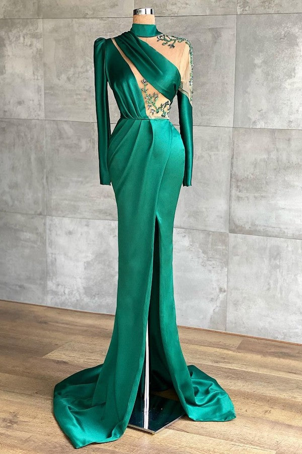 Green One Shoulder Long Sleeves Prom Dress Mermaid With Slit