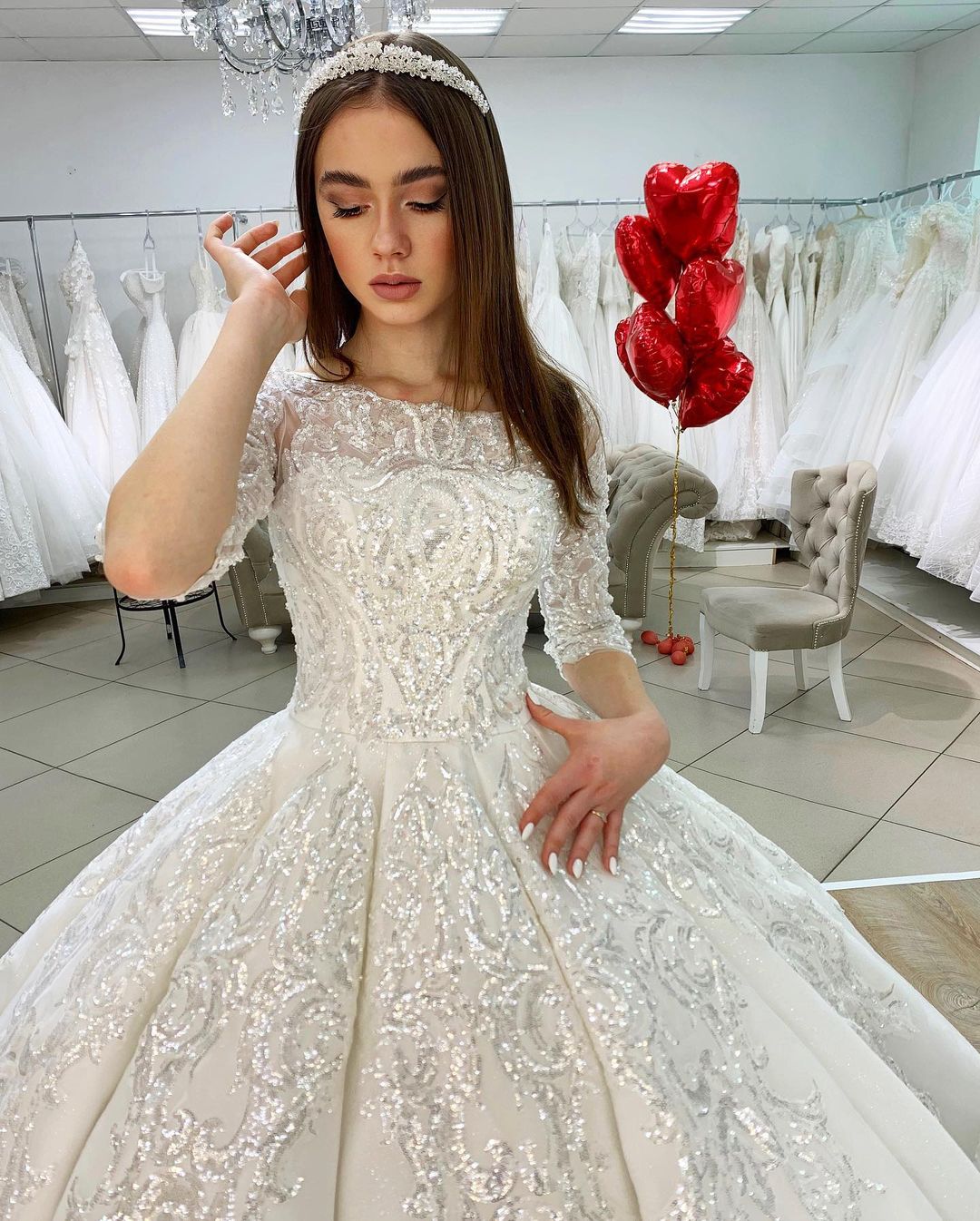 Half Sleeves Applqiues Ball Gown Wedding Dress Online