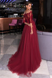 Half Sleeves Burgundy Lace Prom Dress Tulle Long