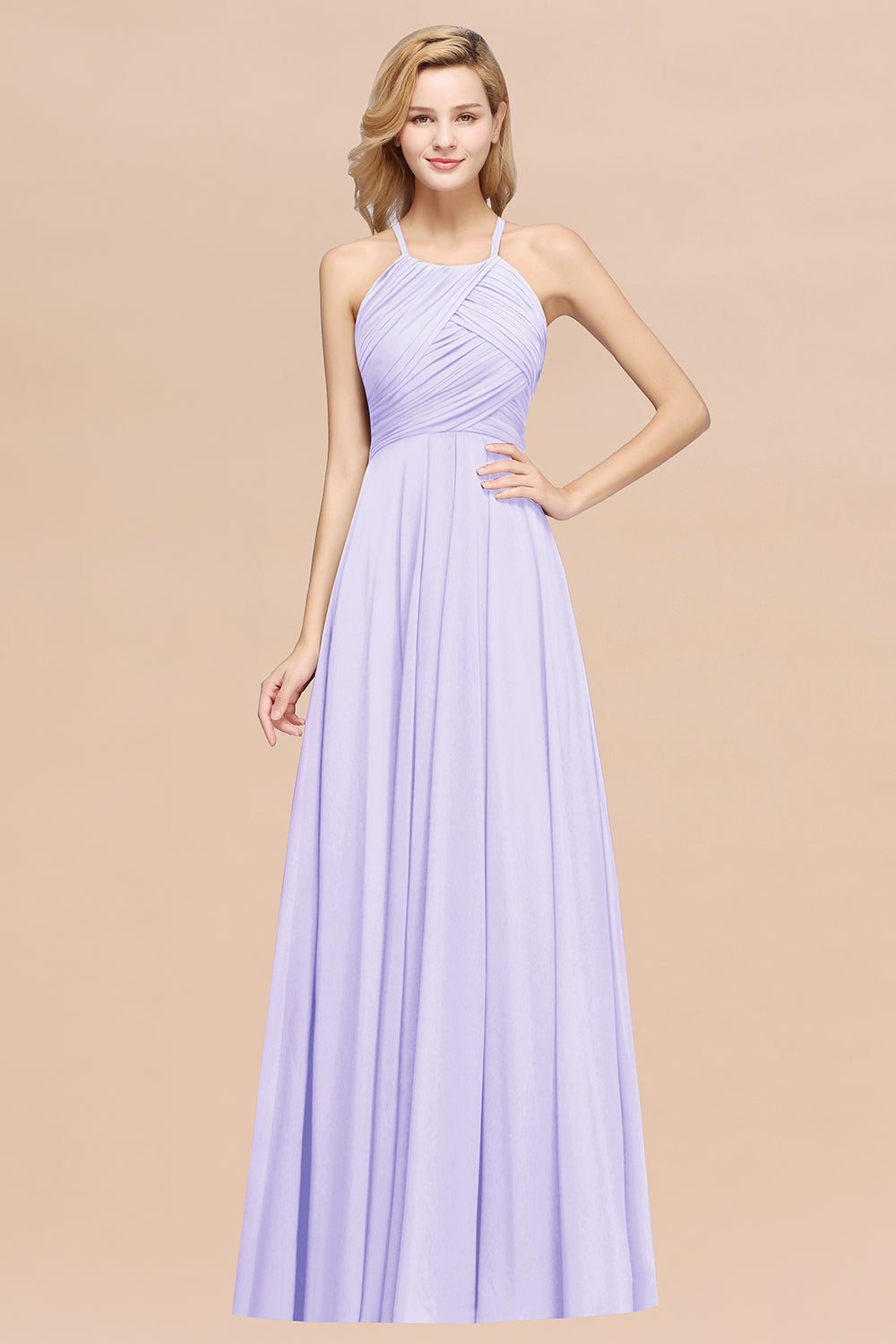 Halter Crisscross Pleated Bridesmaid Dress Blue Chiffon Sleeveless Maid of Honor Dress