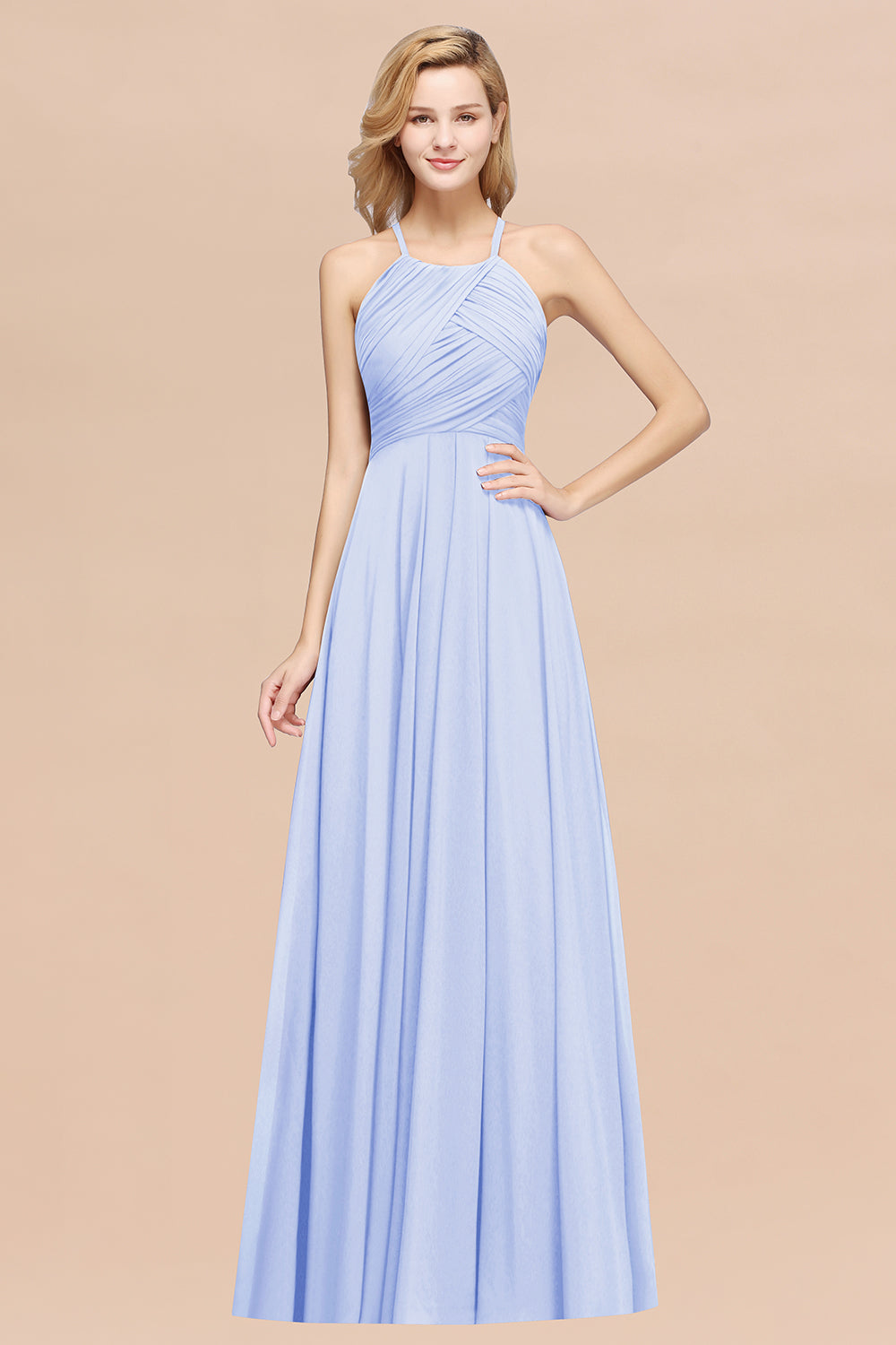 Halter Crisscross Pleated Bridesmaid Dress Blue Chiffon Sleeveless Maid of Honor Dress