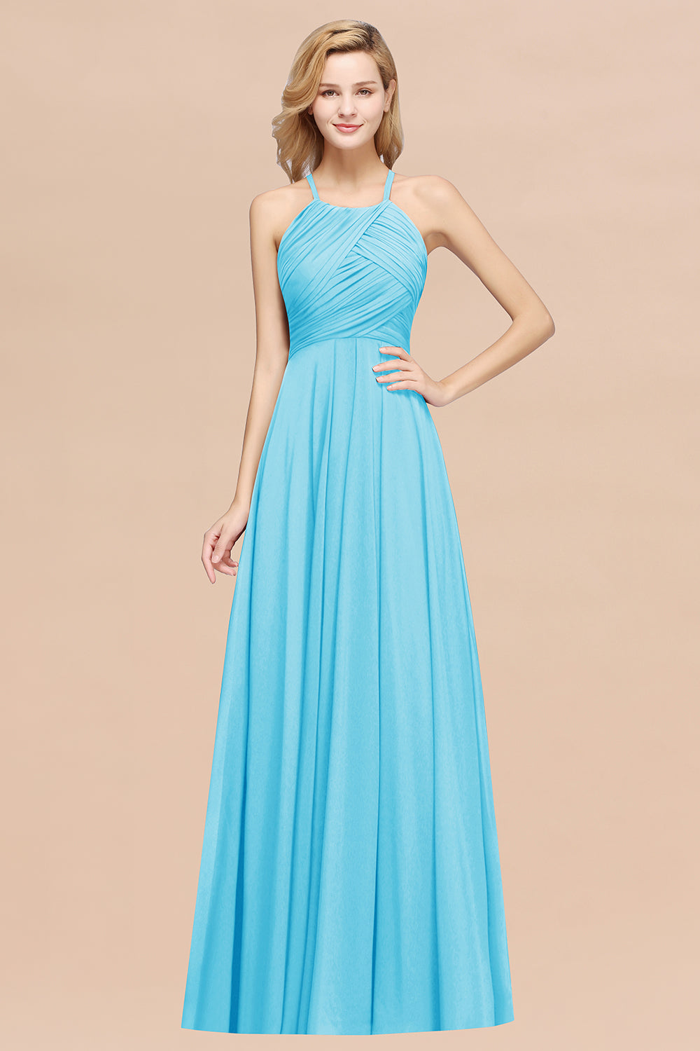 Halter Crisscross Pleated Bridesmaid Dress Blue Chiffon Sleeveless Maid of Honor Dress