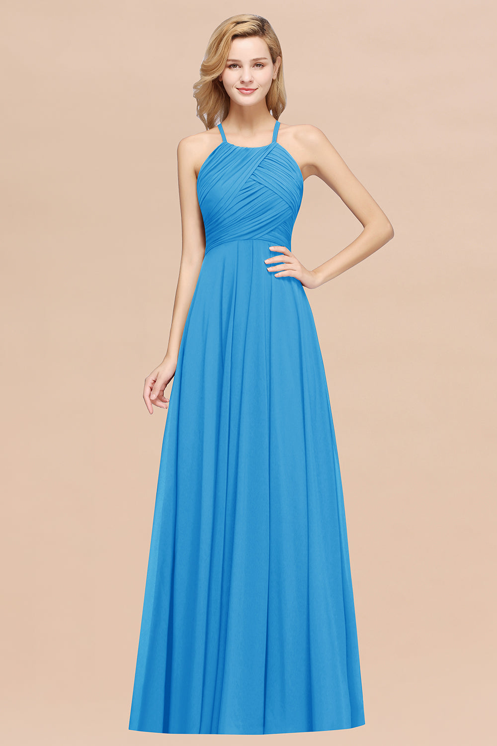 Halter Crisscross Pleated Bridesmaid Dress Blue Chiffon Sleeveless Maid of Honor Dress