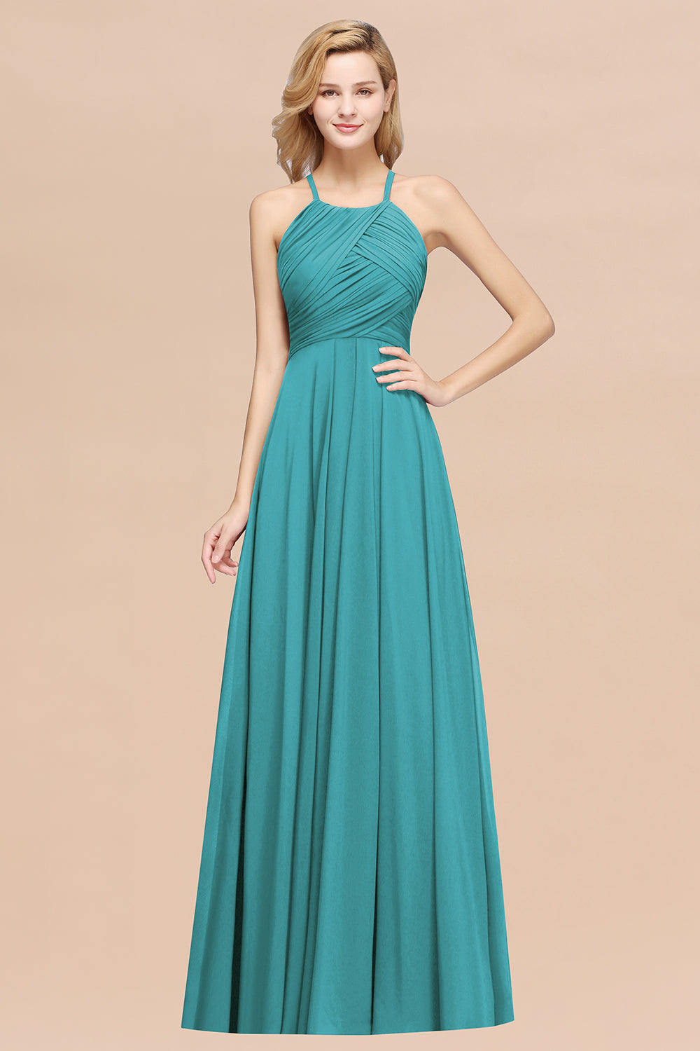 Halter Crisscross Pleated Bridesmaid Dress Blue Chiffon Sleeveless Maid of Honor Dress