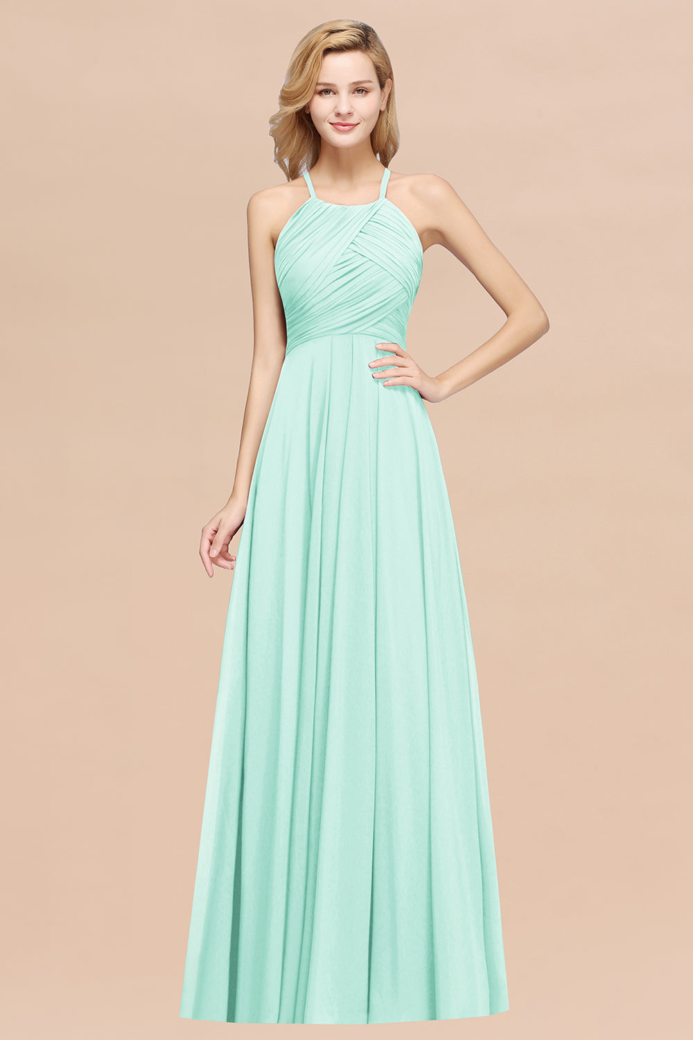 Halter Crisscross Pleated Bridesmaid Dress Blue Chiffon Sleeveless Maid of Honor Dress