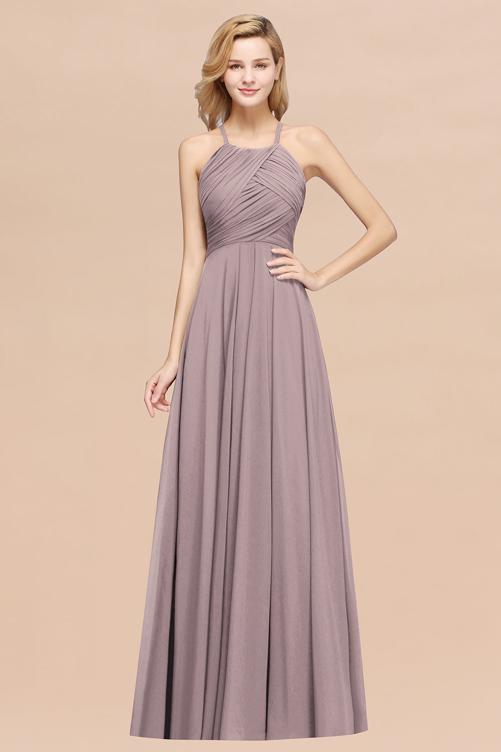 Halter Crisscross Pleated Bridesmaid Dress Blue Chiffon Sleeveless Maid of Honor Dress